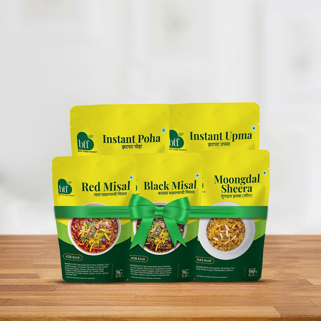 Breakfast Combo 2 – 1 Poha, 1 Upma, 1 Misal Red, 1 Misal Black, 1 Moong Dal Sheera
